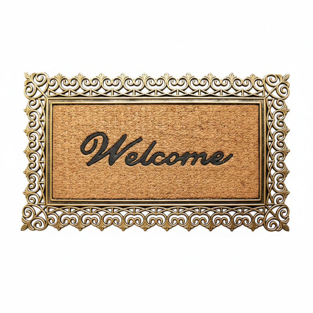 A golden brown doormat with the word 'Welcome' printed in a classic font, framed by a decorative metal border.