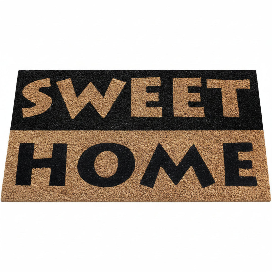 Rectangular coir doormat with the text 'SWEET HOME' printed in black on a brown background.