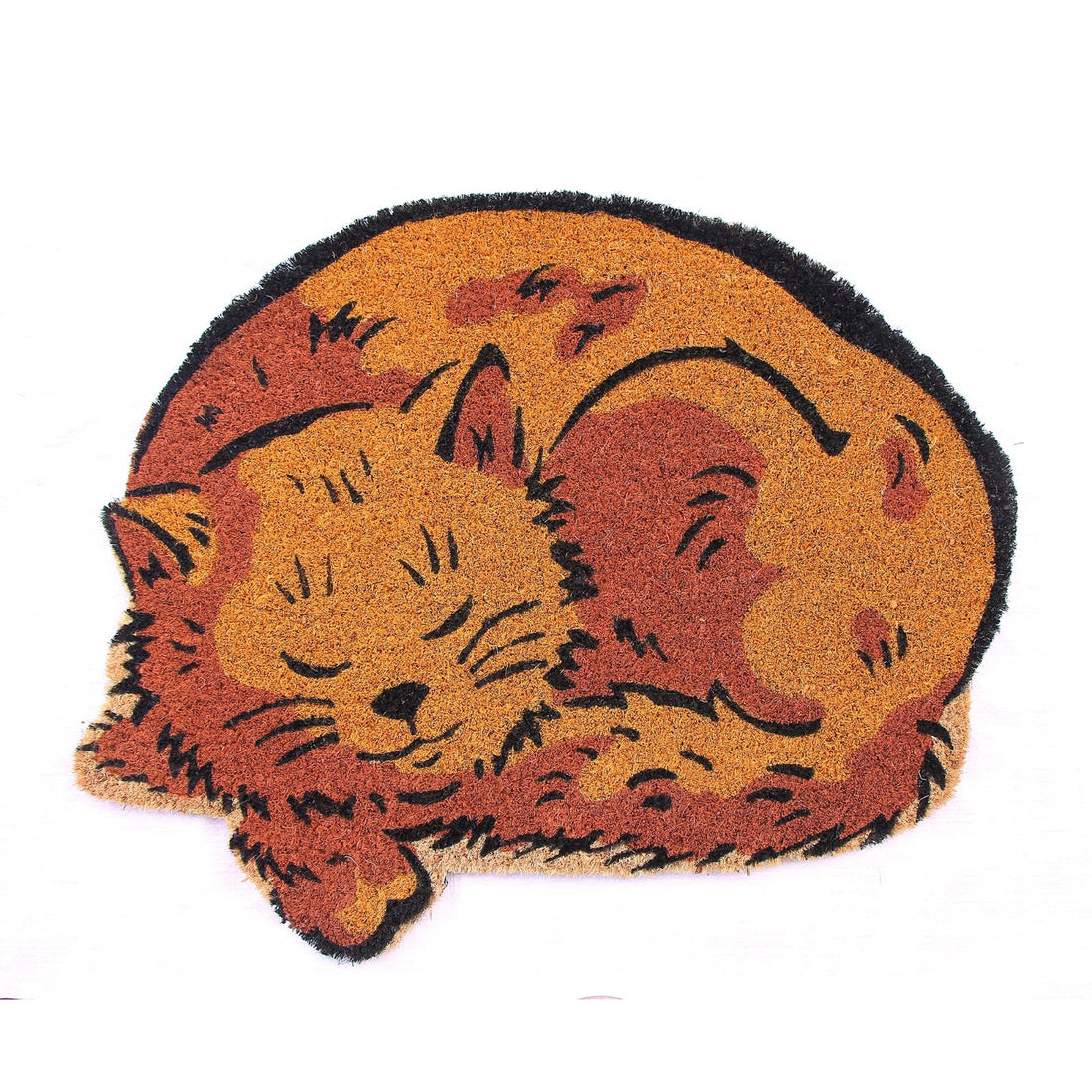 Doormat with a design of cat sleeping on a white background