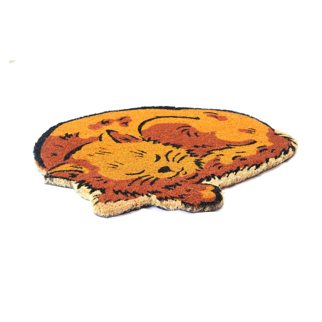 
                      
                        Coconut fiber doormat shaped like a cat with orange and black design on a white background
                      
                    