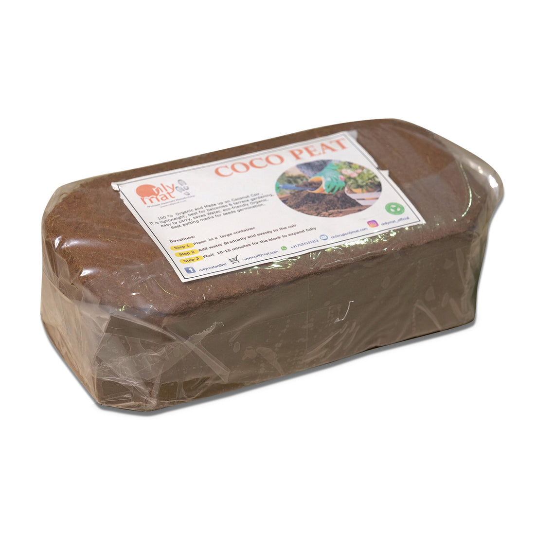 
                      
                        A sealed package of OnlyMat Coco Peat, a natural coir pith block, designed for use in gardening. The packaging is brown with a label that includes the product name and details.
                      
                    