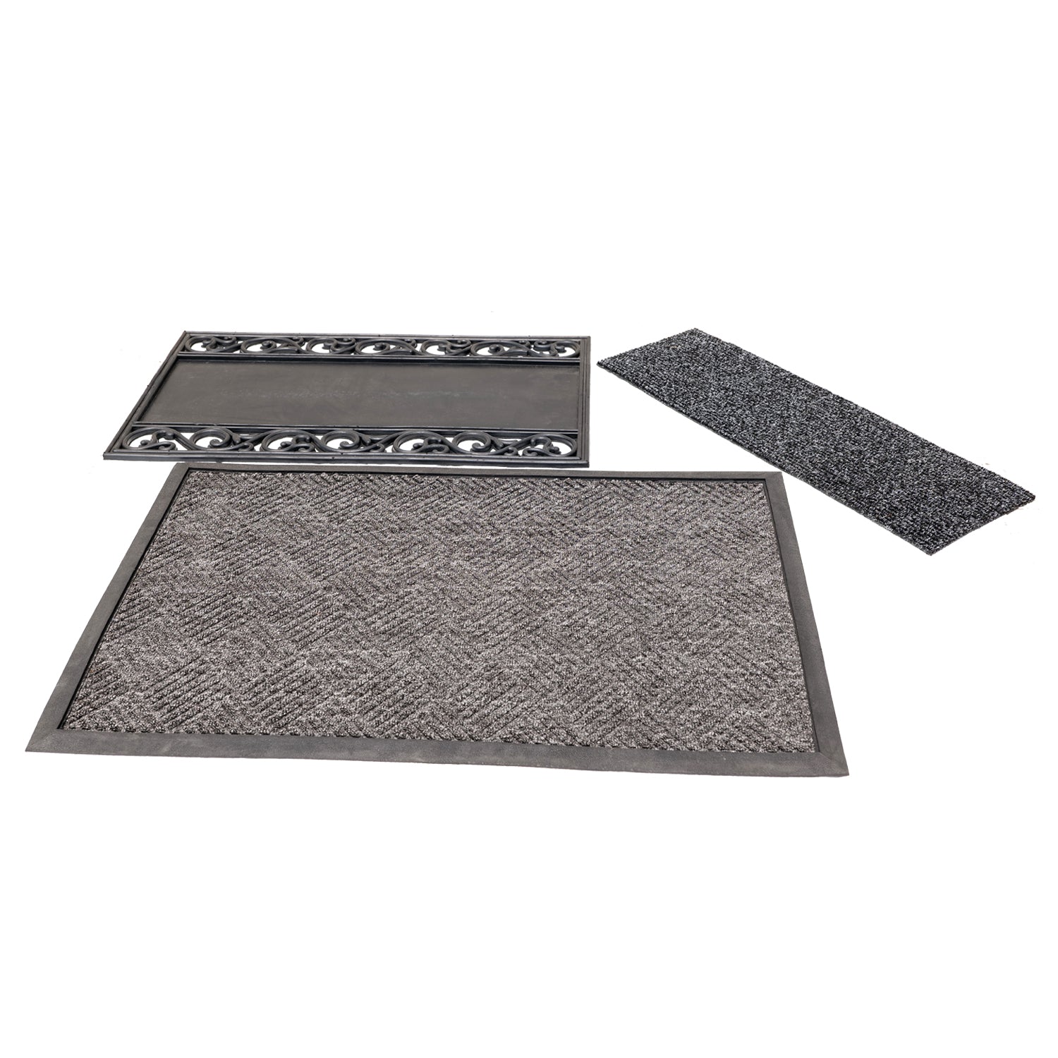 A set of black sanitising door mats with a rubber tray and a polypropylene insert, designed for office and hospital use.