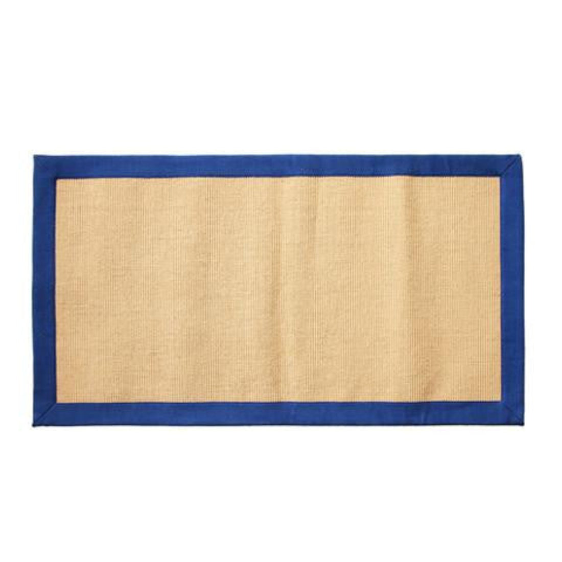 A rectangular natural jute floor mat with a blue border.