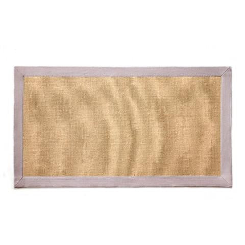 
                      
                        A rectangular jute floor mat with a cotton border in a beige and purple color scheme.
                      
                    