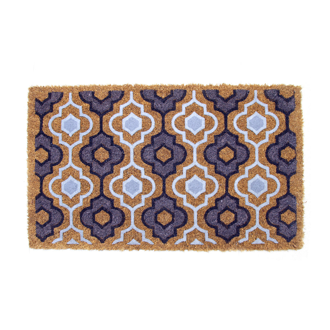 A rectangular natural coir floor mat with a geometric pattern design in brown, beige, and purple colours, featuring a PVC backing.