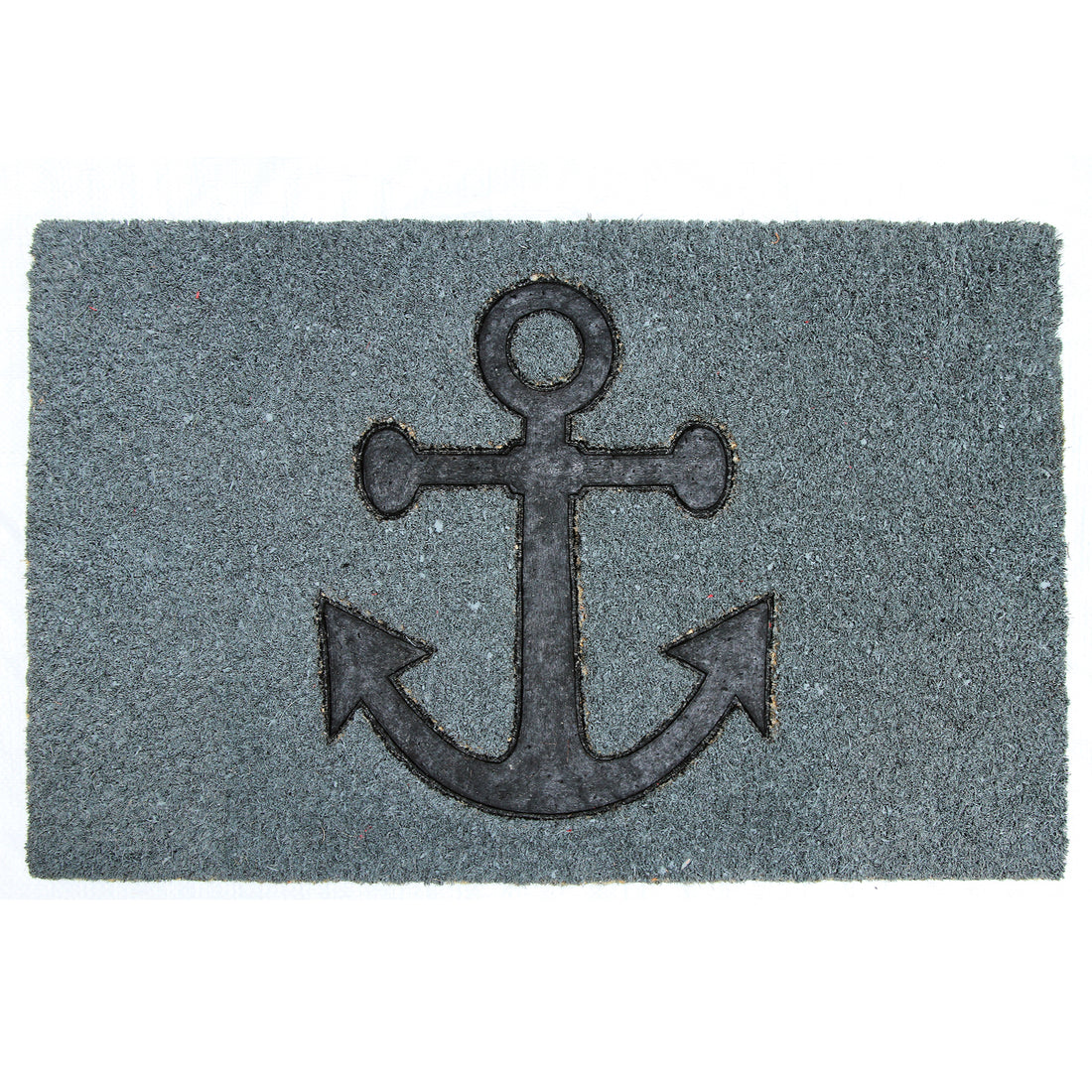 Rectangular natural coir doormat with a pressed anchor design in the centre, on a grey background.