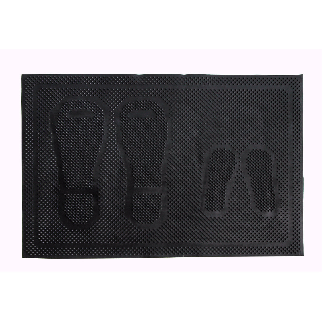 Black rubber floor mat with a pattern of footprints and a pair of shoes imprinted on it, indicating the mat's use and design for indoor/outdoor use.