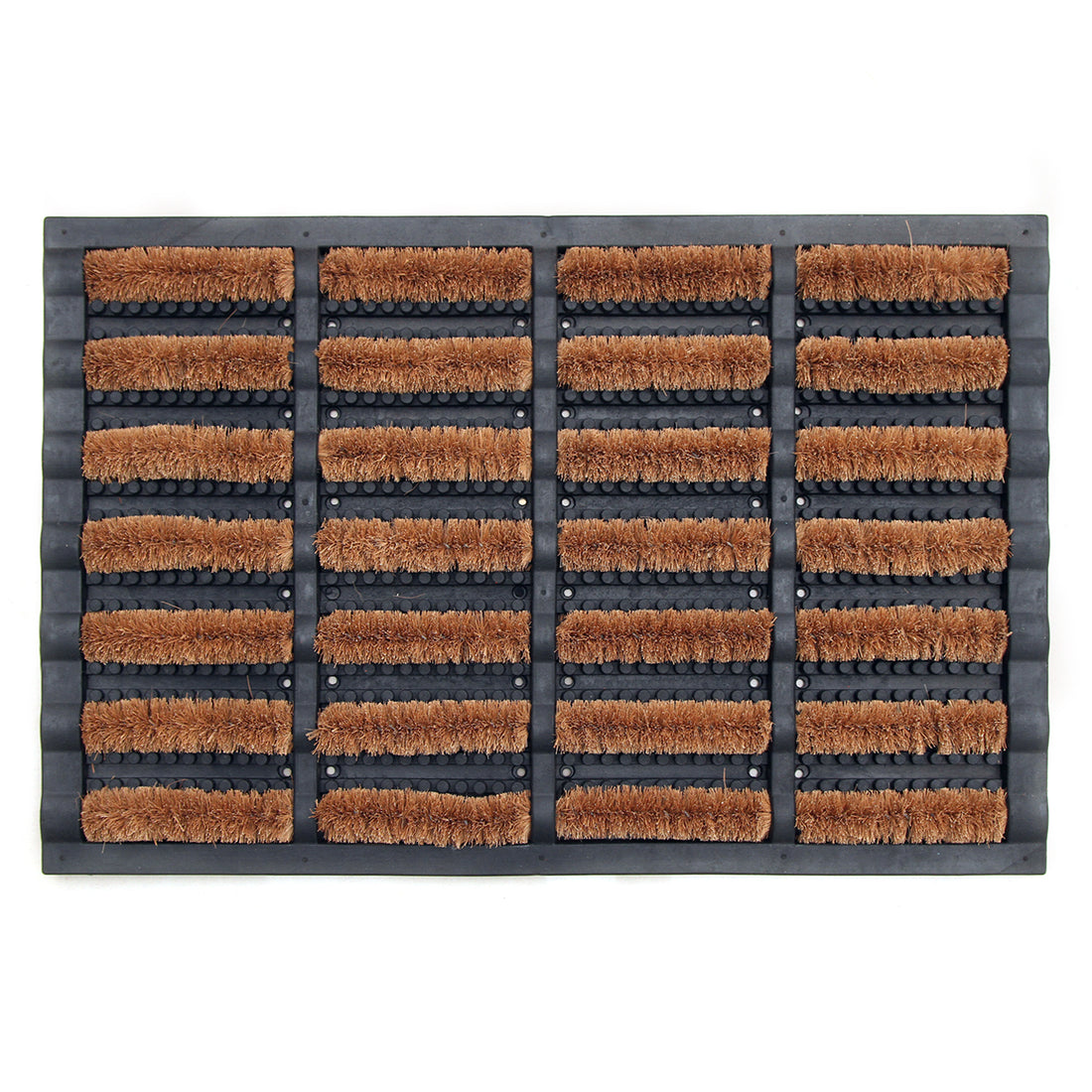 A black entrance doormat with cylindrical brushes made of coir fibre braided onto a wire rope, set against a white background.
