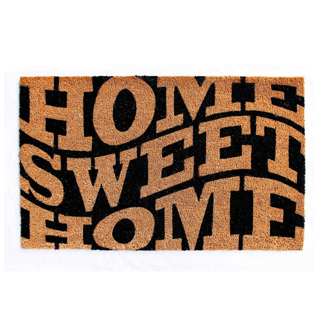 Rectangular coir door mat with the text 'HOME SWEET HOME' printed in black, with a coir brush surface.