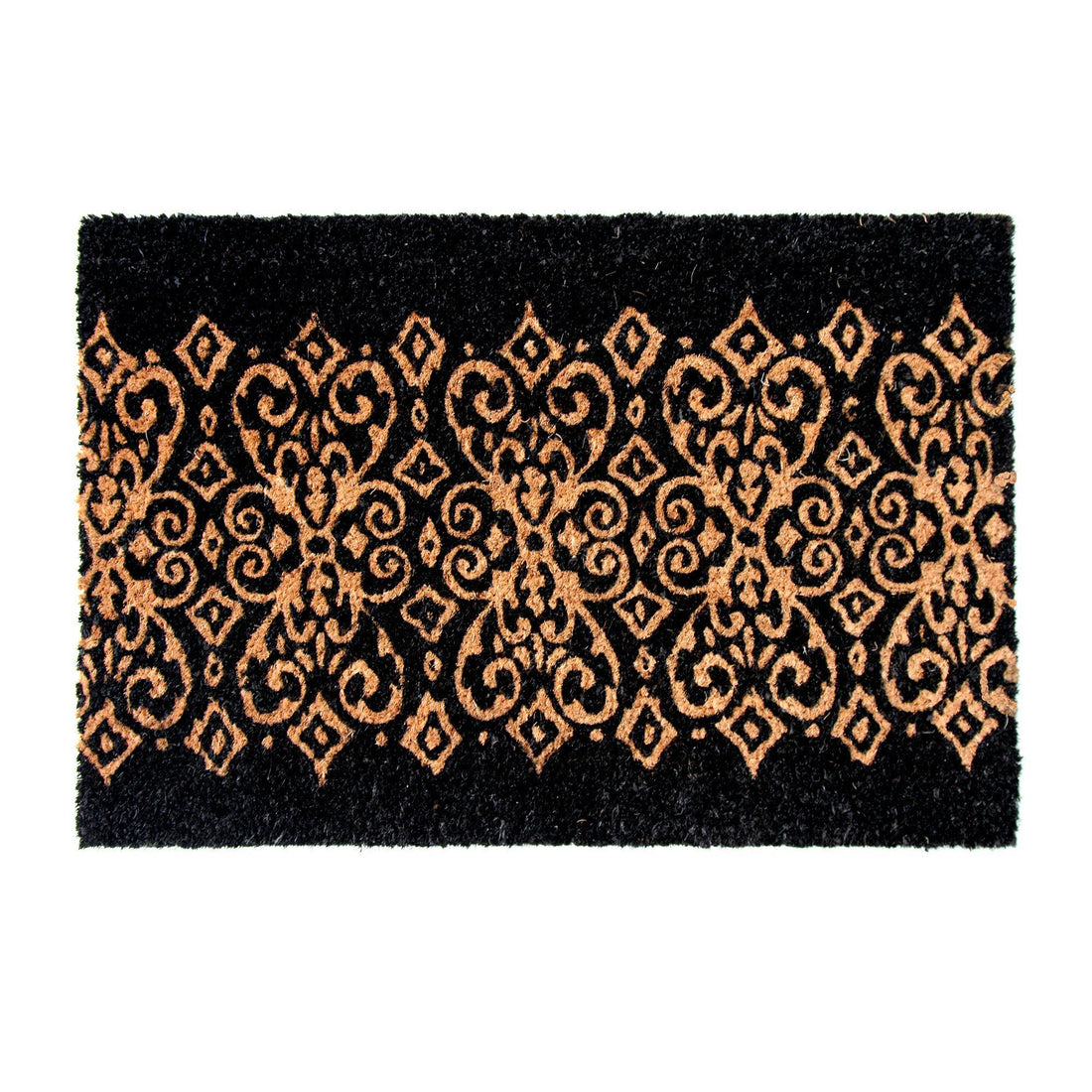A rectangular black doormat with a geometric pattern, featuring a border with intricate geometric designs.