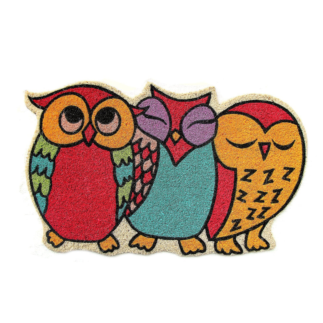 
                      
                        A colourful owl-shaped coir floor mat with PVC backing designed for indoor or shaded outdoor use.
                      
                    