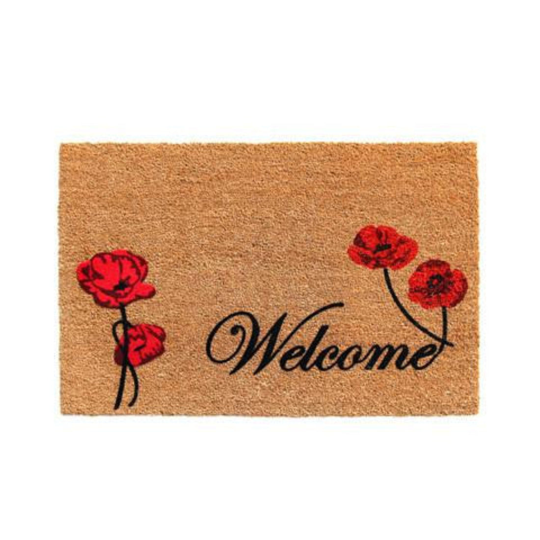 A rectangular coir door mat with a floral design in red and white, and the word 'WELCOME' printed in a large, elegant font.