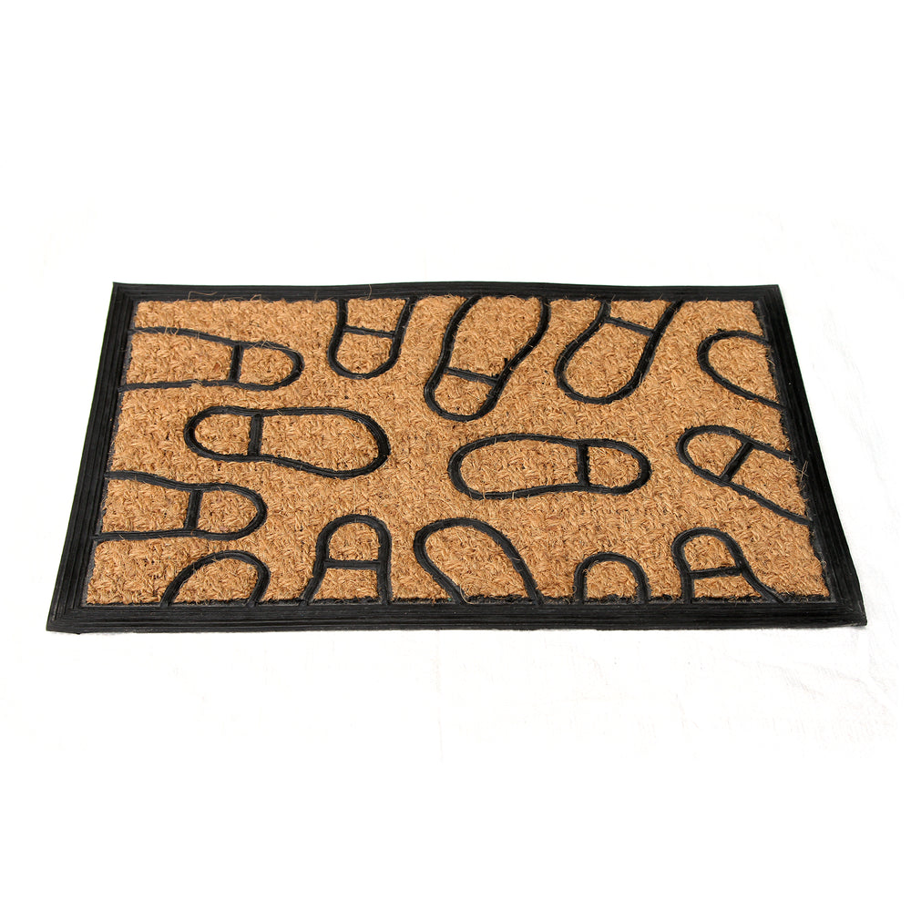 
                      
                        Natural Coir Floor Mat with Moulded Foot Mark Design and Black Border - OnlyMat
                      
                    