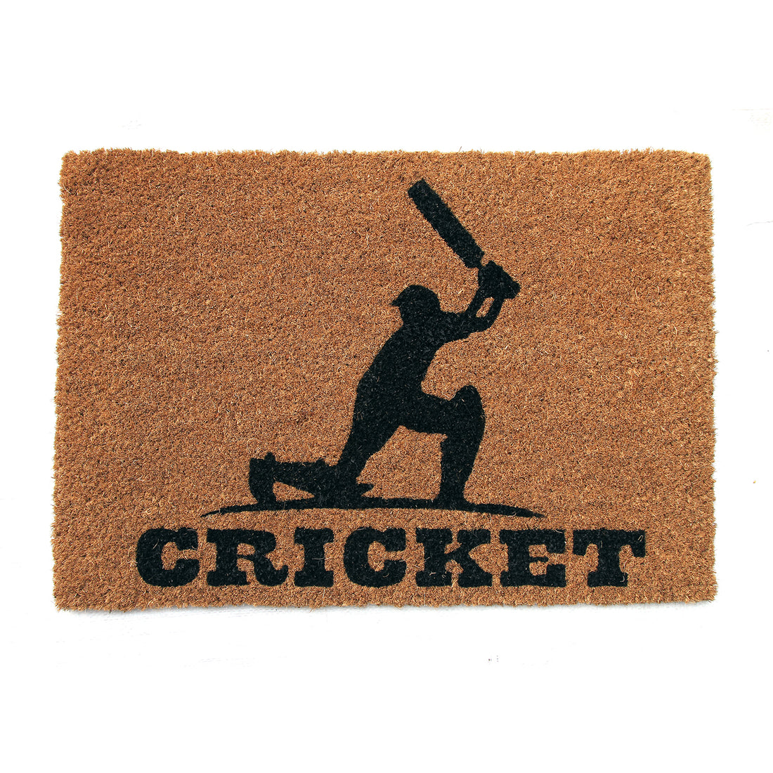 Rectangular natural coir door mat with a printed design of a cricket batsman in the centre, and the word 'CRICKET' below it.