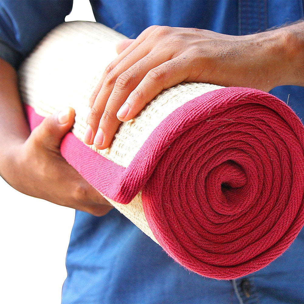 Eco-Friendly Jute Anti-Skid Yoga Mat With Maroon Cotton Border - OnlyMat