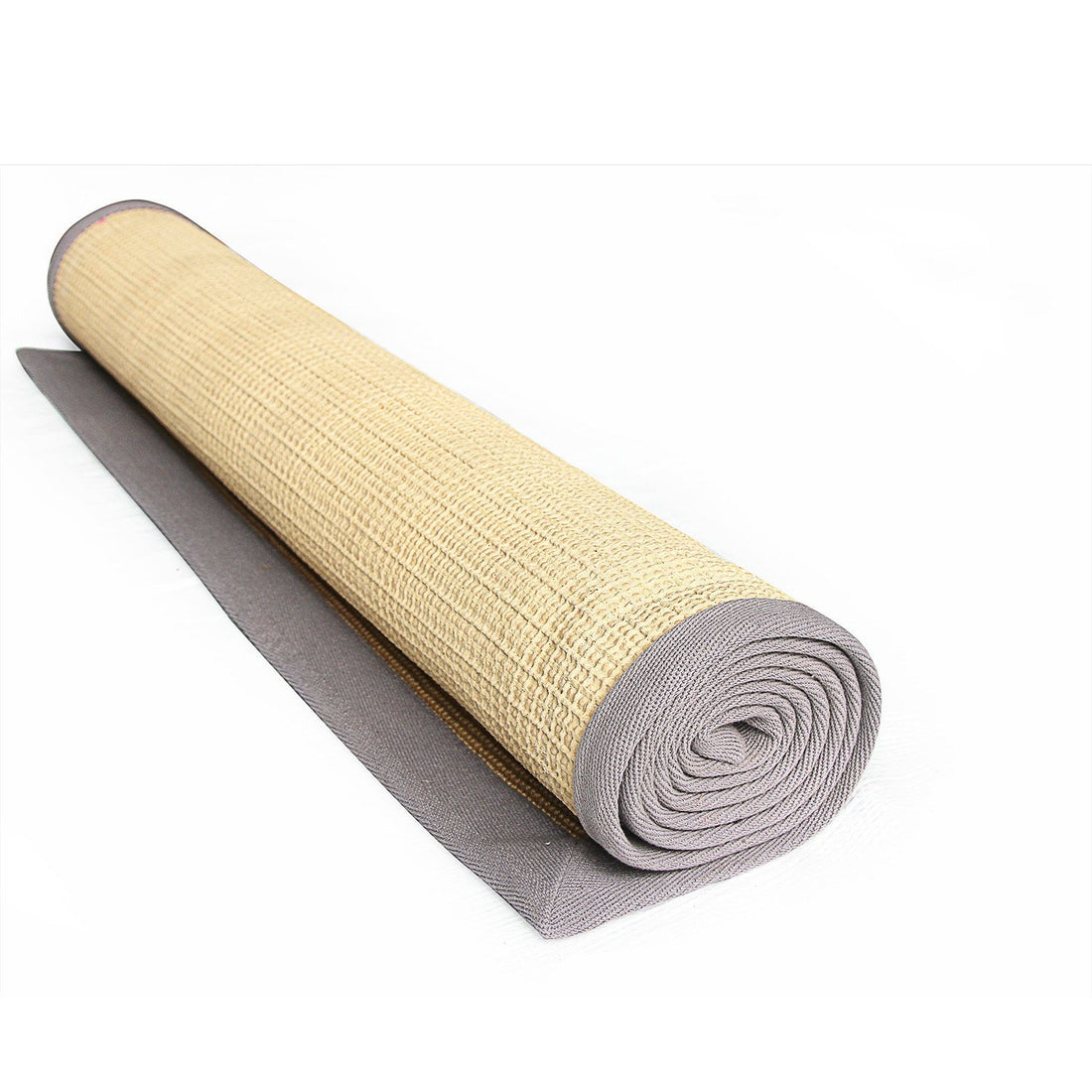 
                      
                        A rolled-up beige yoga mat with a grey cotton border, lying on a flat surface.
                      
                    