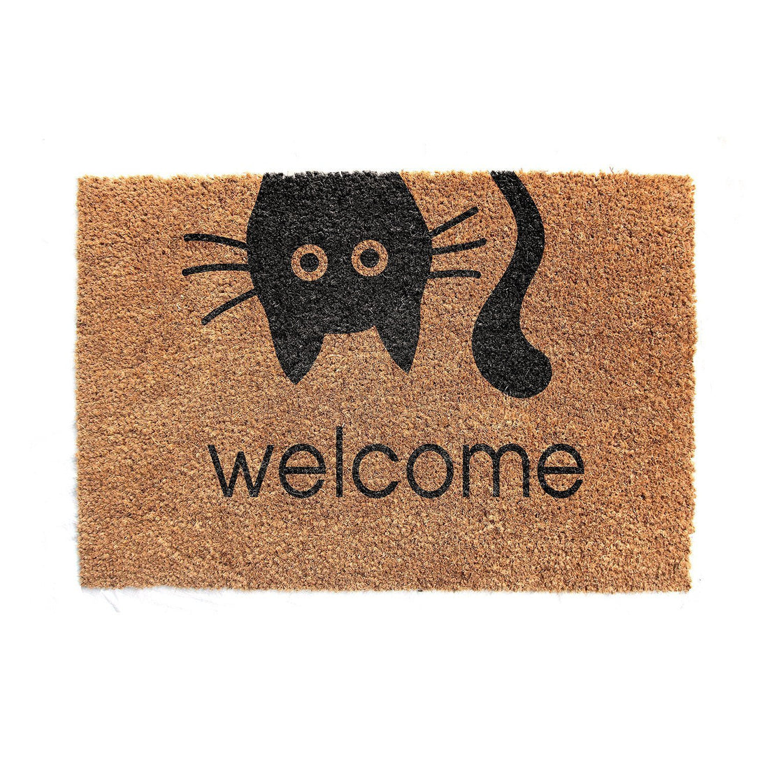 Rectangular coir doormat with a black silhouette of a cat and the word 'WELCOME' printed on it.