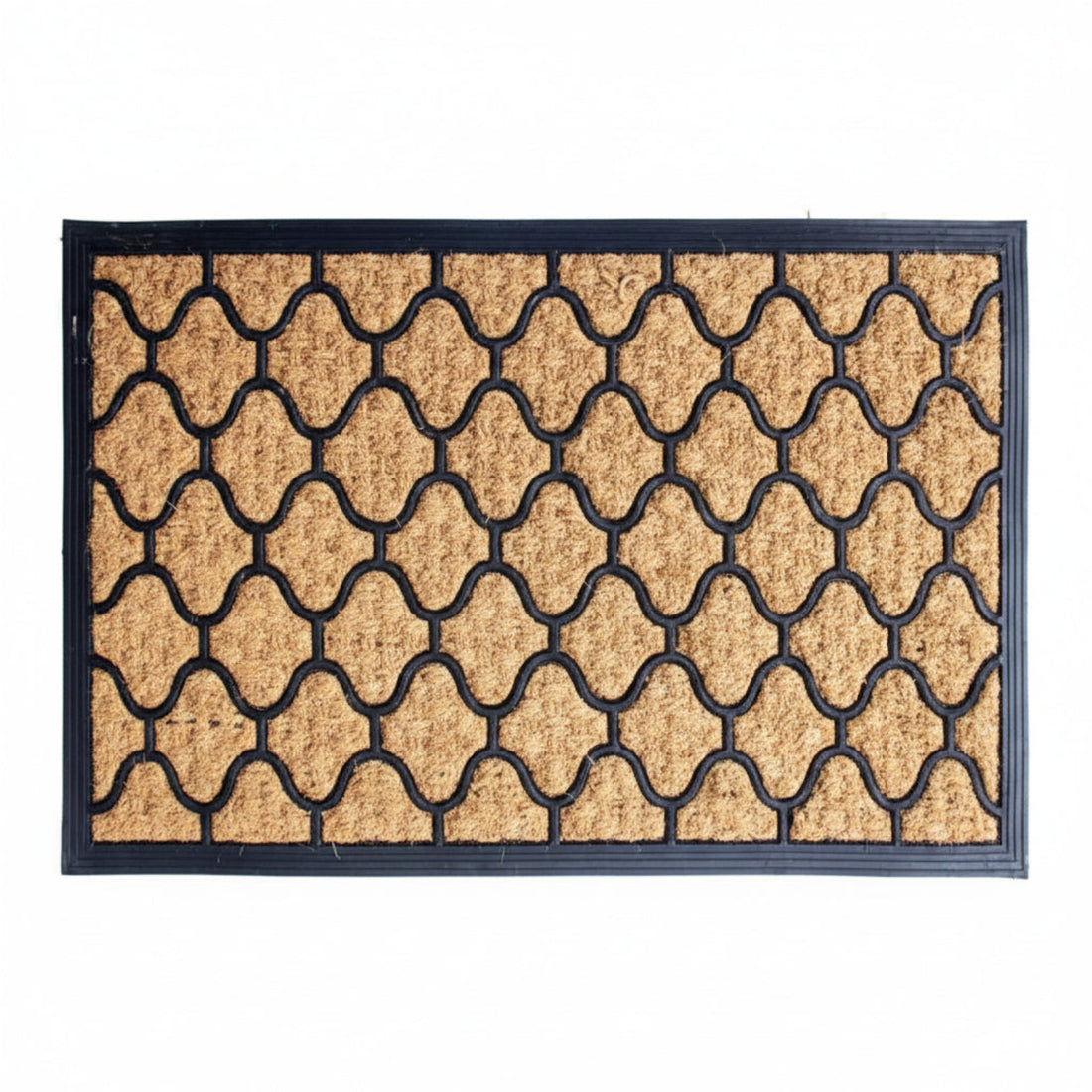 A black coir floor mat with an elegant hexagon design and a rubber backing, set on a plain background.