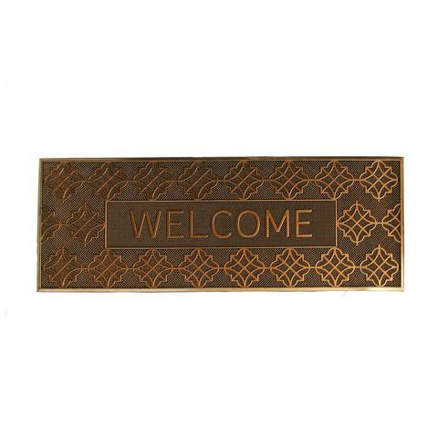 A rectangular, brown rubber doormat with a geometric pattern and the word 'WELCOME' printed in bold letters.