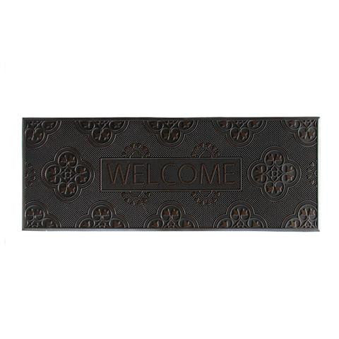 A black rectangular rubber door mat with a geometric pattern and the word 'Welcome' imprinted on it.