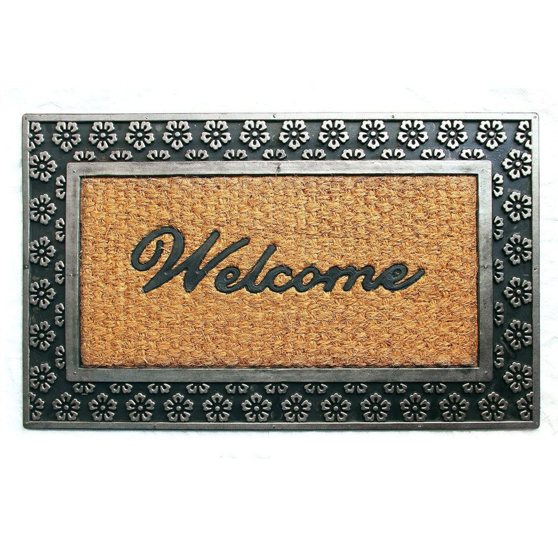 
                      
                        A rectangular entrance doormat with a metallic floral design border and the word 'WELCOME' prominently displayed in bold letters.
                      
                    