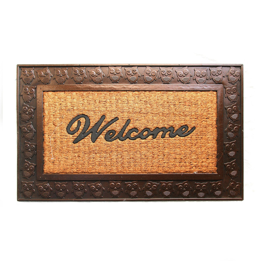 Brown Coco Rubber Welcome Entrance Door Mat with Owl Design Border - OnlyMat