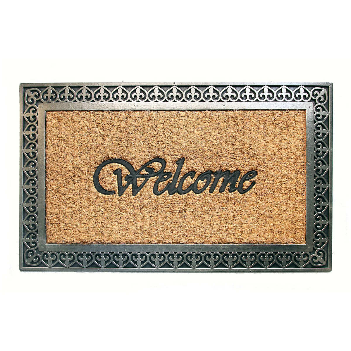 Metalic Grey Colour Coco Rubber Welcome Entrance Door Mat with Border - OnlyMat