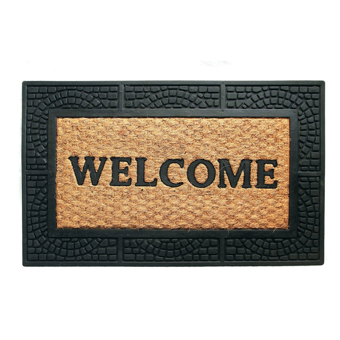 
                      
                        A rectangular natural coir door mat with 'Welcome' text moulded in black, and a black moulded border.
                      
                    