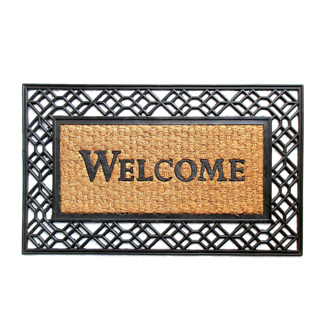 
                      
                        A rectangular coir mat with black border, featuring the text 'Welcome' printed in bold.
                      
                    