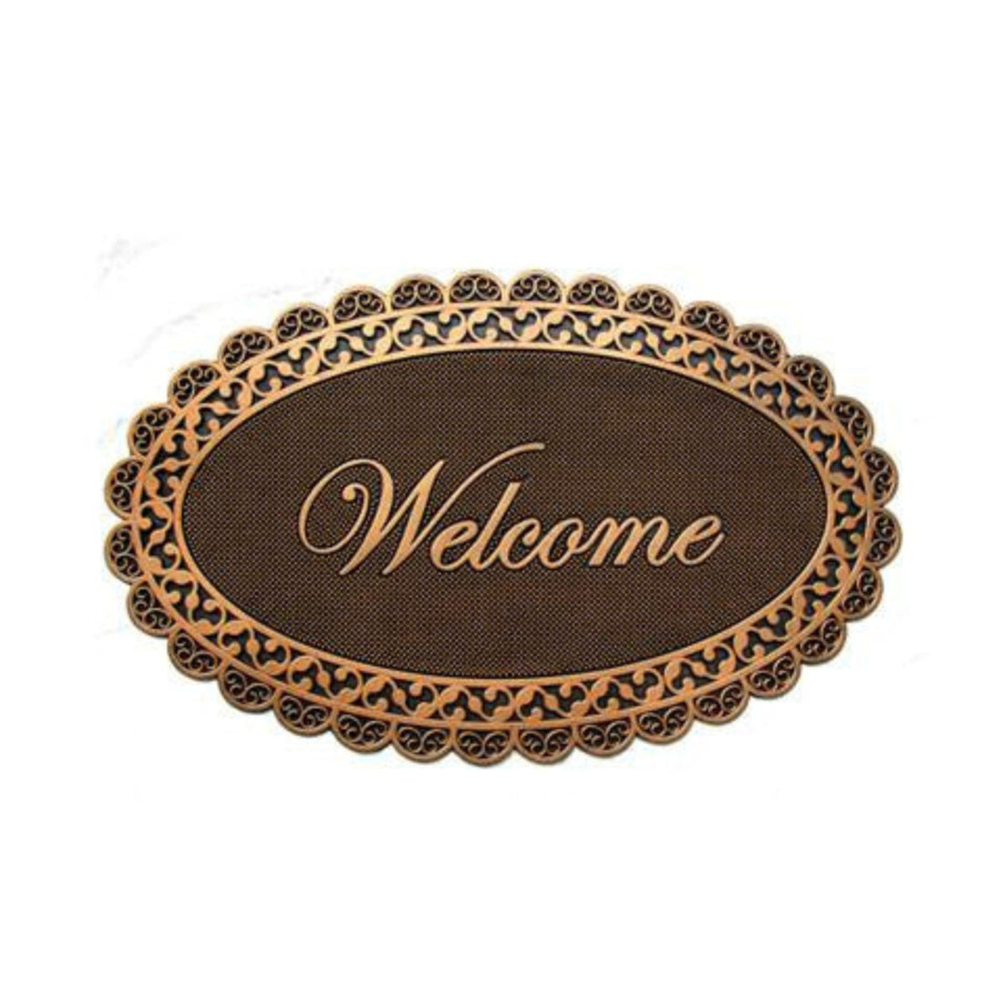 An oval-shaped doormat with a metallic finish and an ornate design around the text 'WELCOME'.