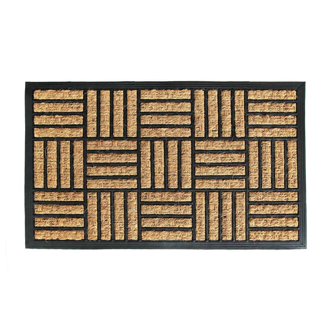 
                      
                        A black rectangular doormat with a geometric pattern of woven coir bristles and a rubber backing.
                      
                    
