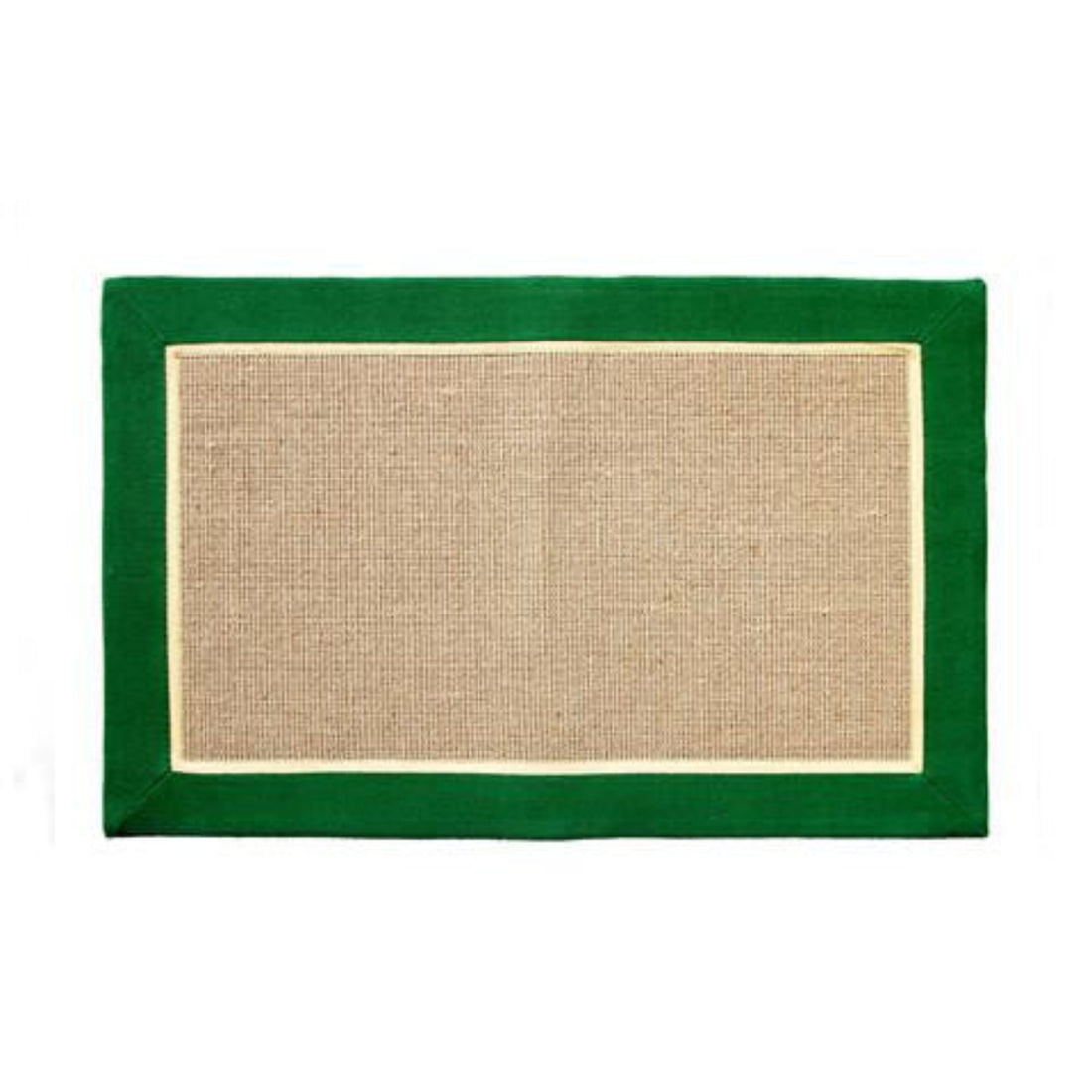 A rectangular natural jute floor mat with a green border.