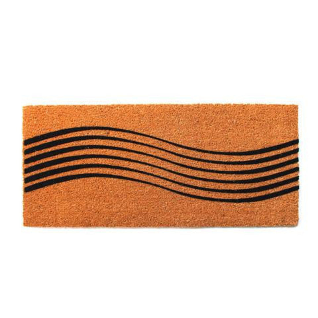 An oblong-shaped, natural coir doormat with a black swiss nylon flock print design, placed on a white background.