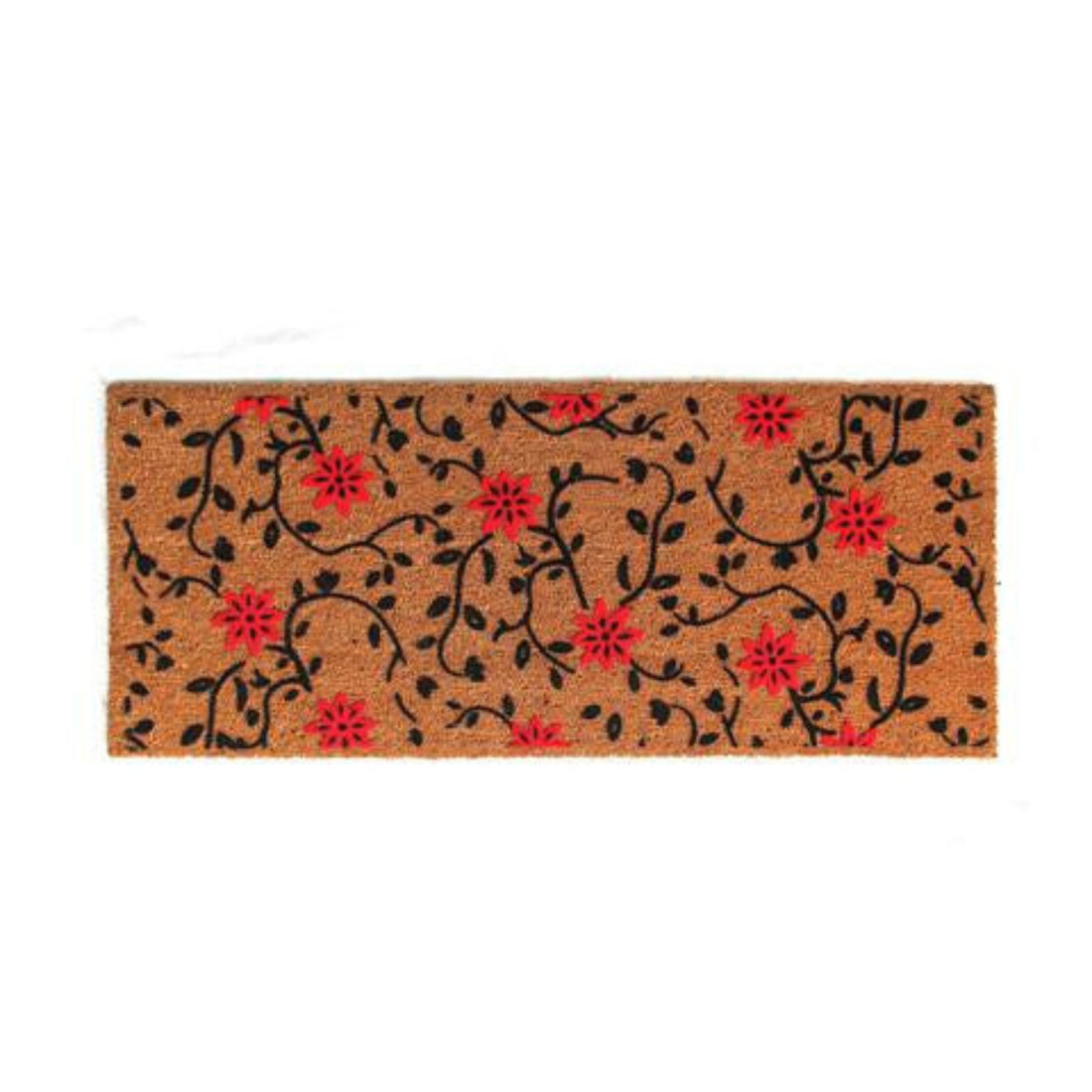 An oblong natural coir floor mat with a floral design featuring red flowers and leaves.