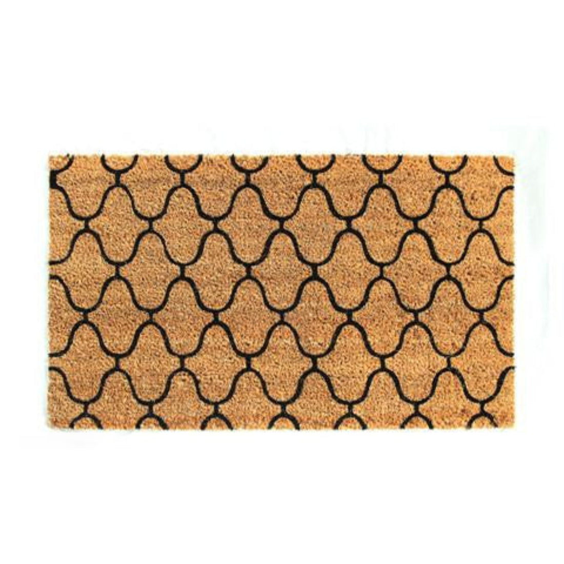 Rectangular natural coir floor mat with a black geometric pattern.