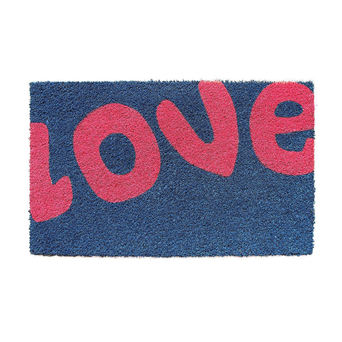 Rectangular natural coir floor mat with the word 'love' printed in large pink letters on a blue background.