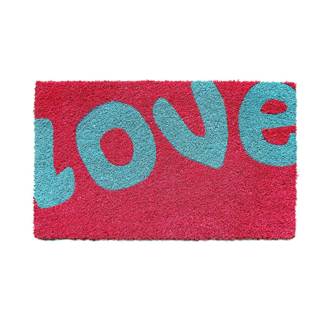 A rectangular pink natural coir floor mat with the word 'love' printed in blue and a blue border at the top.