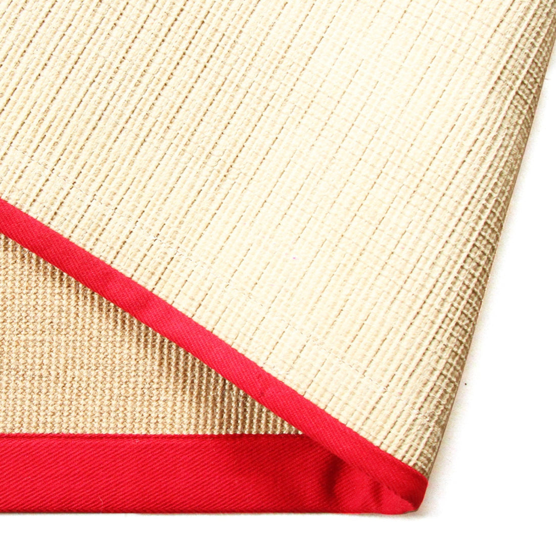 Beige woven mat with a red border on a white background