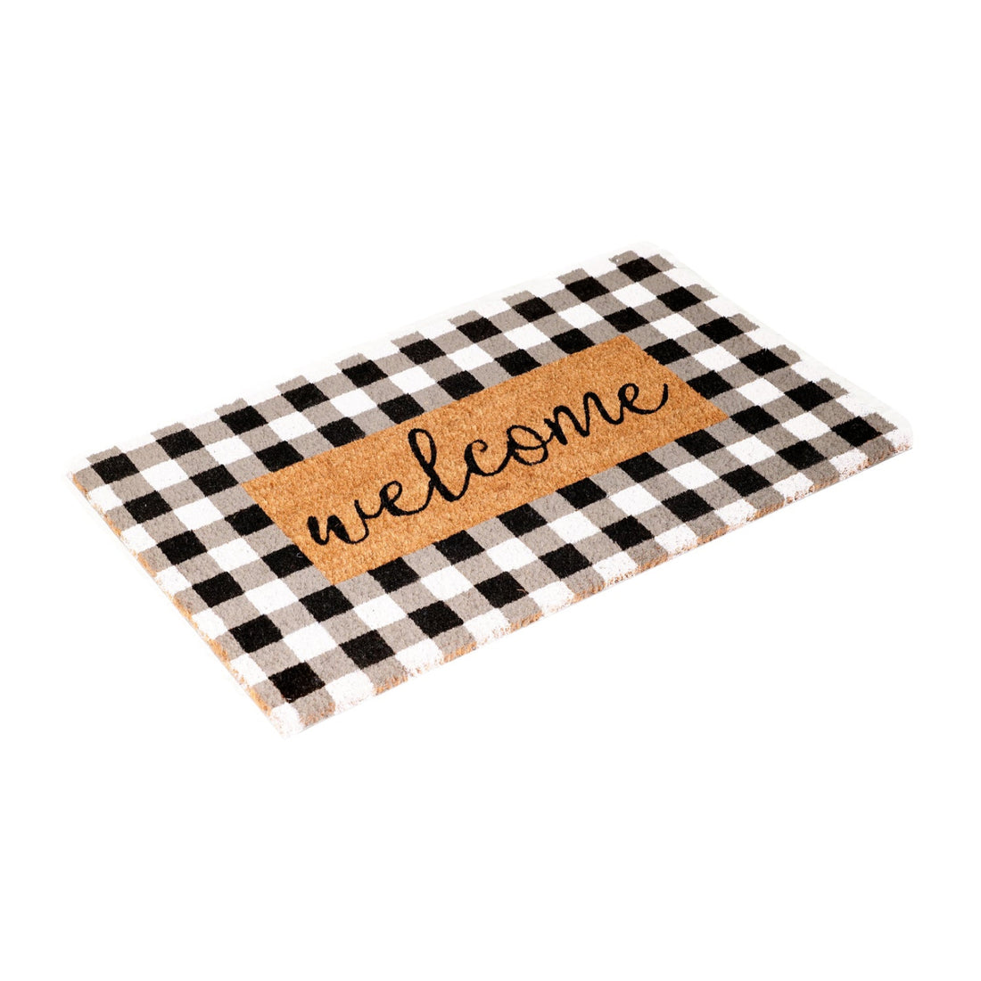 
                      
                        Checkered doormat with 'welcome' text on a white background
                      
                    