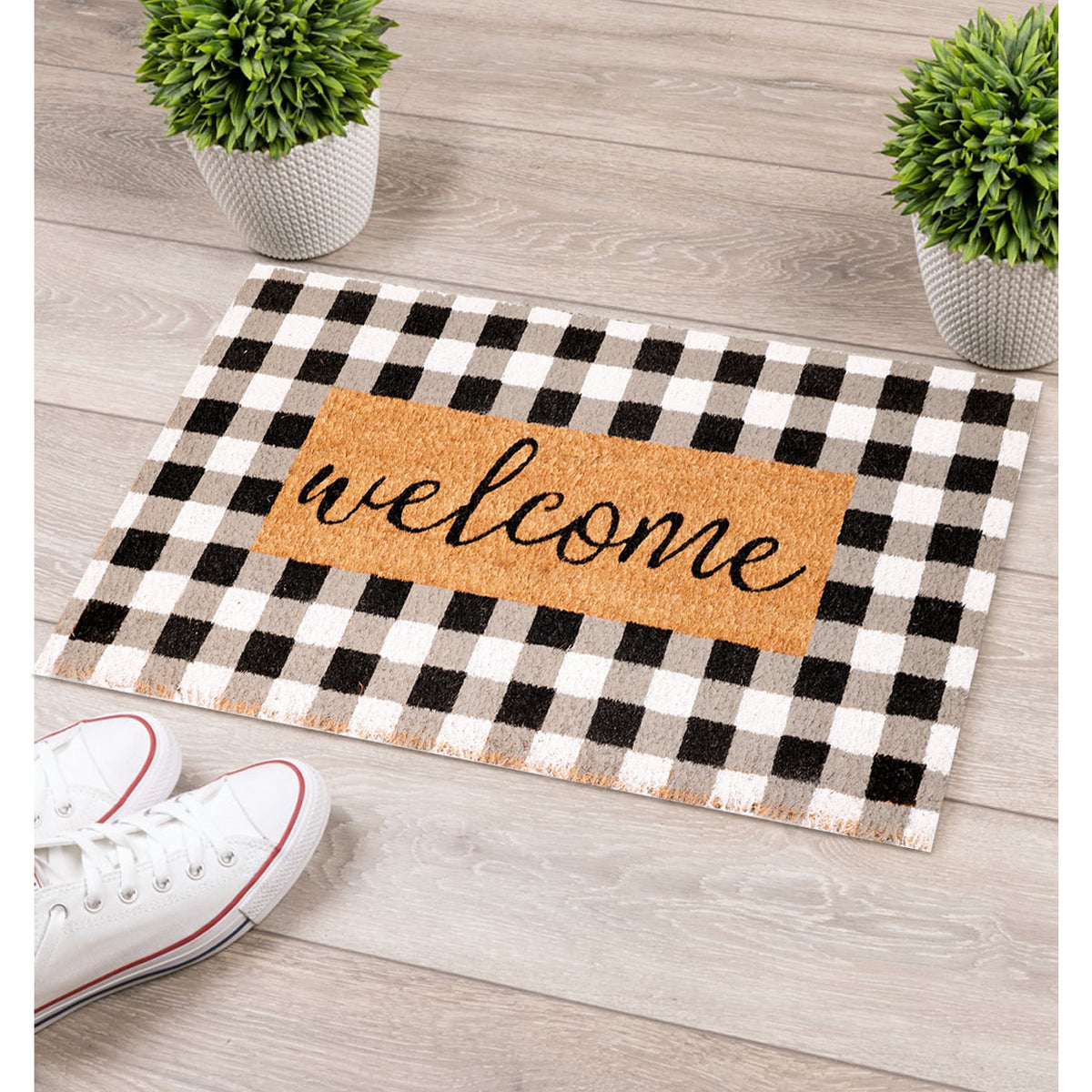 OnlyMat Chequered Plaid Border Printed Natural Coir Welcome Entrance Door Mat