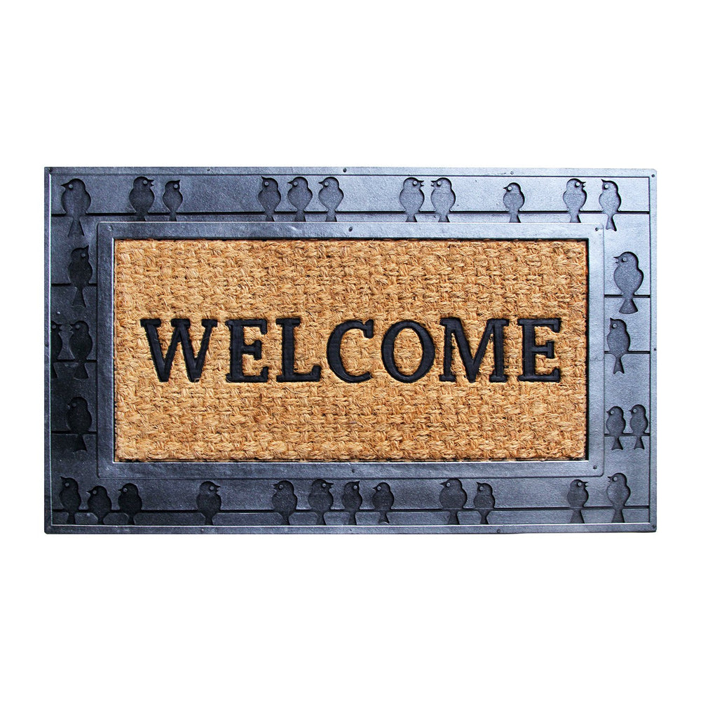 Black Coco Rubber Welcome Entrance Door Mat with Bird Design Wide Border - OnlyMat
