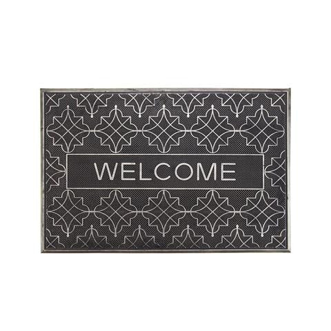 A black rectangular rubber door mat with a geometric pattern of stars and the word 'WELCOME' in bold letters.