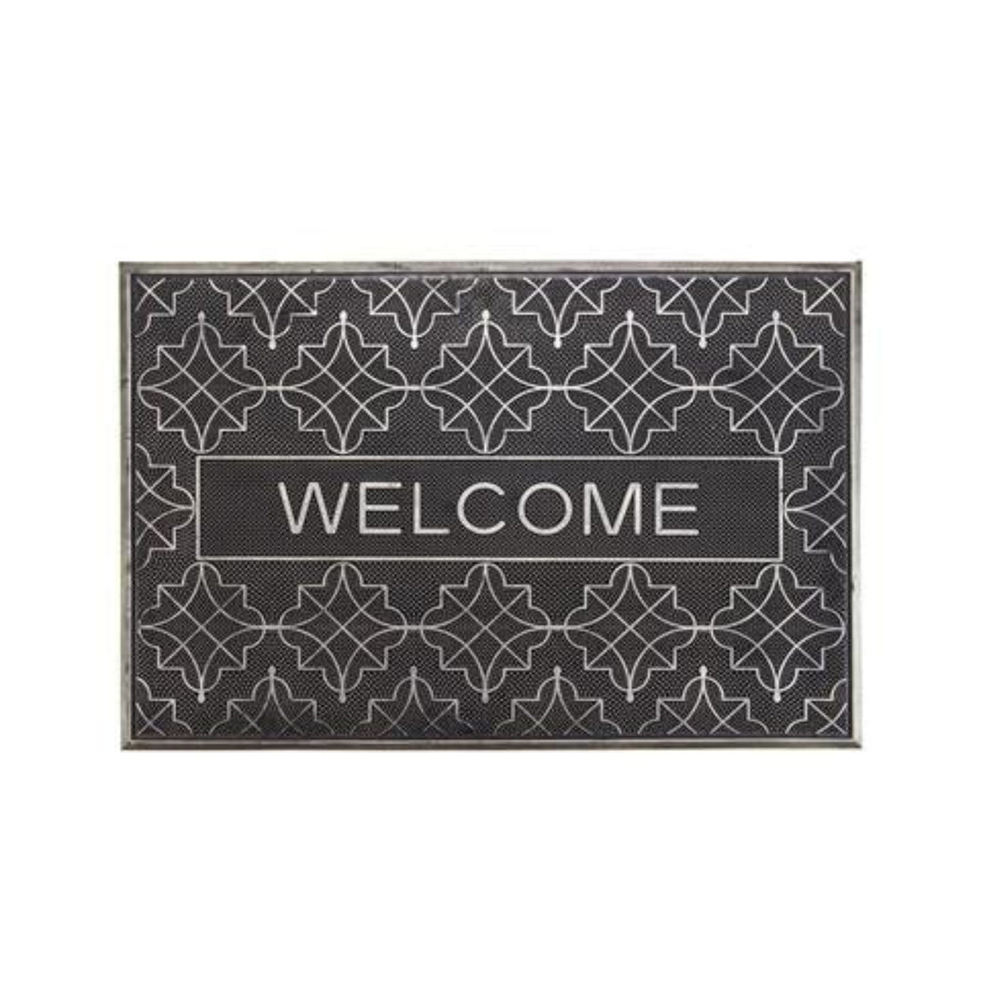 A black rectangular rubber door mat with a geometric pattern of stars and the word 'WELCOME' in bold letters.
