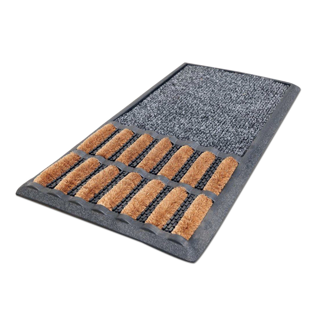 A black and grey OnlyMat Sanitise Mat with a rubber tray and coir brush, designed for sanitising footwear, with a quick-dry insert.