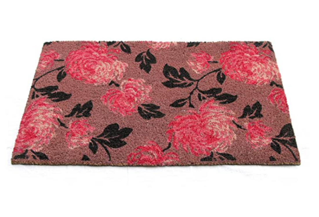 OnlyMat Elegant Pink Floral Coir Doormat with Anti-Slip Backing