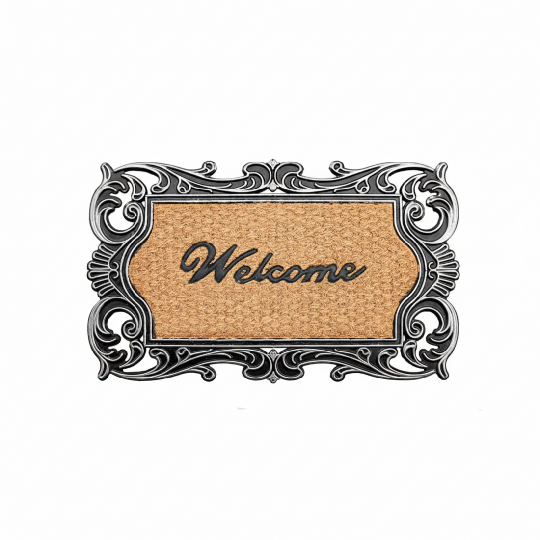 
                      
                        Decorative doormat with ornate black frame and 'Welcome' text on a white background
                      
                    