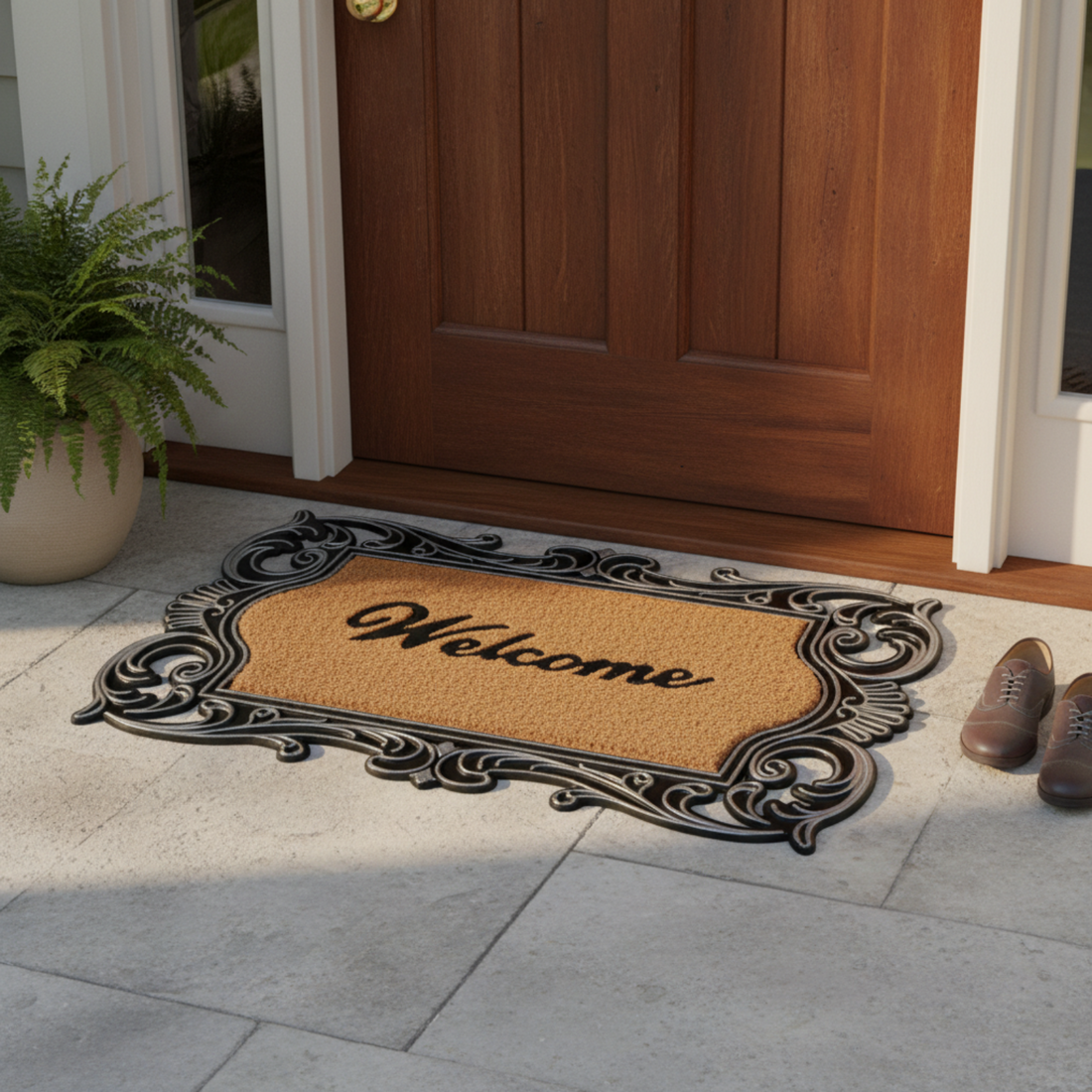 Decorative doormat with ornate frame and 'Welcome' text on a white background
