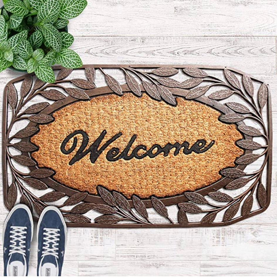 OnlyMat Leaf Border Moulded Rubber and Coir Welcome Designer Door Mat - 45cm x 75cm