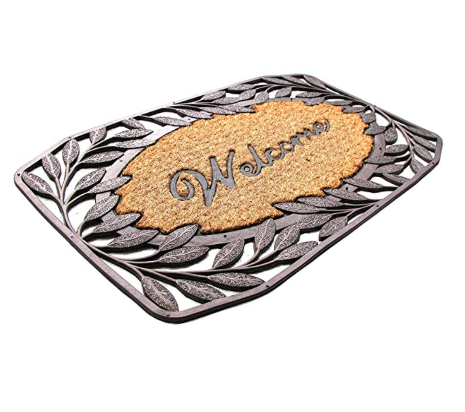 OnlyMat Leaf Border Moulded Rubber and Coir Welcome Designer Door Mat - 45cm x 75cm