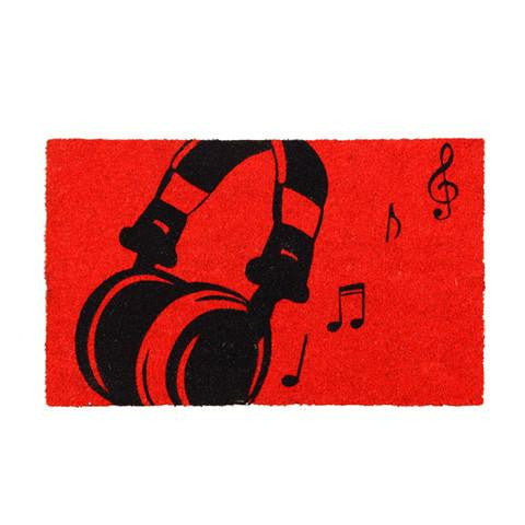 A rectangular red coir door mat with a printed design featuring a pair of headphones and musical notes.